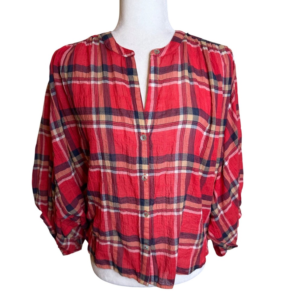 Lovestitch Red Plaid Cotton Gauze Balloon Sleeve V-Neck Blouse‎ S/M Cottagecore